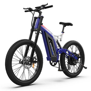 Aostirmotor S17-1500W High-Powered Electric Mountain Bike-Mountain-Aostirmotor Ebikes-Bike w/ Blue Swing Arm-Left Side Front Oblique View