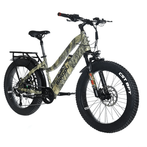 Bakcou-Flatlander-Step-Through-750W-Fat-Tire-Electric-Hunting-Bike-fat-Bakcou-eBikes-Right Side Front Oblique View - Really Good Ebikes