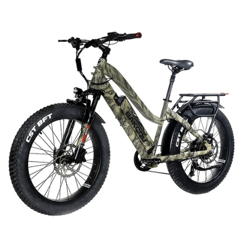 Bakcou-Flatlander-Step-Through-750W-Fat-Tire-Electric-Hunting-Bike-fat-Bakcou-eBikes-Left Side Front Oblique View - Really Good Ebikes