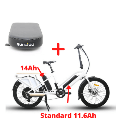 Eunorau Max Cargo 750W Electric Cargo Bike with Thumb Throttle by Eunorau - White, Standard 14Ah Main Battery, Second 48V14Ah 400 Battery - Bike, 1 Extra Cushioned Seat - 49 - 47