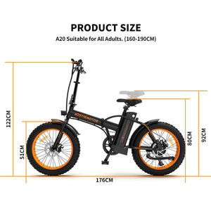Aostirmotor A20 Fat Tire Folding Ebike-Folding-Aostirmotor Ebikes-Left Side View and Dimensions