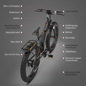 Aostirmotor S07-B Fat Tire Electric Mountain Bike-Mountain-Aostirmotor Ebikes-Right Side Back Oblique View w/ Details
