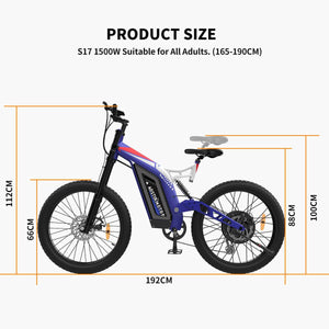 Aostirmotor S17-1500W High-Powered Electric Mountain Bike-Mountain-Aostirmotor Ebikes-Bike w/ Blue Swing Arm-Left Side View w/ Measurements