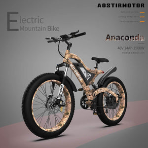 Aostirmotor S18-1500W Full-Suspension Fat Tire Ebike-Mountain-Aostirmotor Ebikes-Left Side Front Oblique View w/ Details