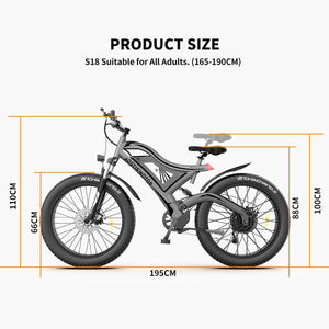 Aostirmotor S18 Full-Suspension Electric Mountain Bike-Mountain-Aostirmotor Ebikes-Left Side View w/ Measurements