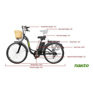 Nakto Camel Step-Thru Cruising Electric Bike-Step-Through-Nakto-Black-Left Side View w/ Measurements 