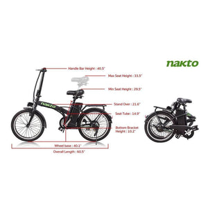 Nakto Fashion Folding Electric Bicycle-Folding-Nakto-Left Side + Folded View w/ Measurements