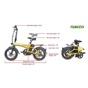 Nakto Skylark 16" Folding Electric Bike-Folding-Nakto-Yellow-Left Side View + Folded View w/ Measurements