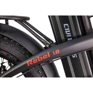 Revi Bikes Rebel 1.0 Fat Folding eBike-Folding-Closeup View of Frame w/ Model Name