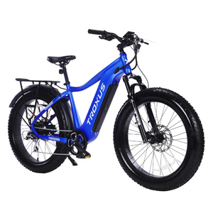 Troxus-Explorer-750W-Fat-Tire-Commuter-Electric-Bike-Commuter-Troxus-Mobility-Blue-Left Side Front Oblique View - Really Good Ebikes