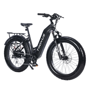 Troxus-Explorer-750W-Step-Thru-Fat-Tire-Cruising-Electric-Bike-Step-Through-Troxus-Mobility-Black-Right Side Front Oblique View - Really Good Ebikes