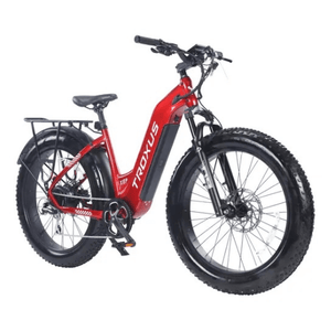 Troxus-Explorer-750W-Step-Thru-Fat-Tire-Cruising-Electric-Bike-Step-Through-Troxus-Mobility-Red-Right Side Front Oblique View - Really Good Ebikes