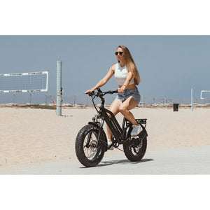 Troxus-Skyhopper-750W-Step-Thru-Fat-Tire-Electric-Bike-Step-Through-Troxus-Mobility-Women riding an ebike
