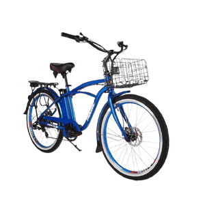 X-Treme Newport Elite Max 350W Electric Beach Cruiser Bicycle-Cruiser-X-Treme-Metallic Blue-Right Side Front Oblique View